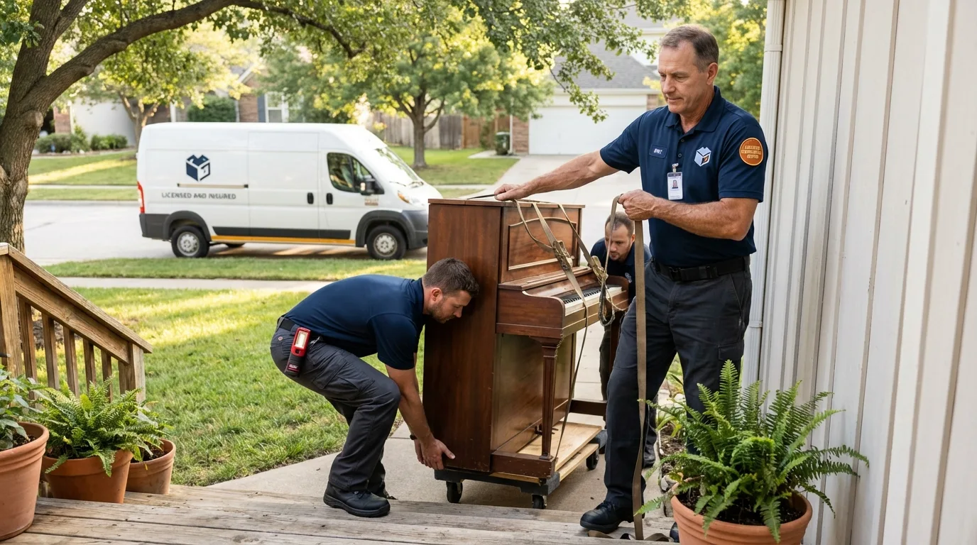 Licensed piano movers securing grand piano in Lafayette, OR