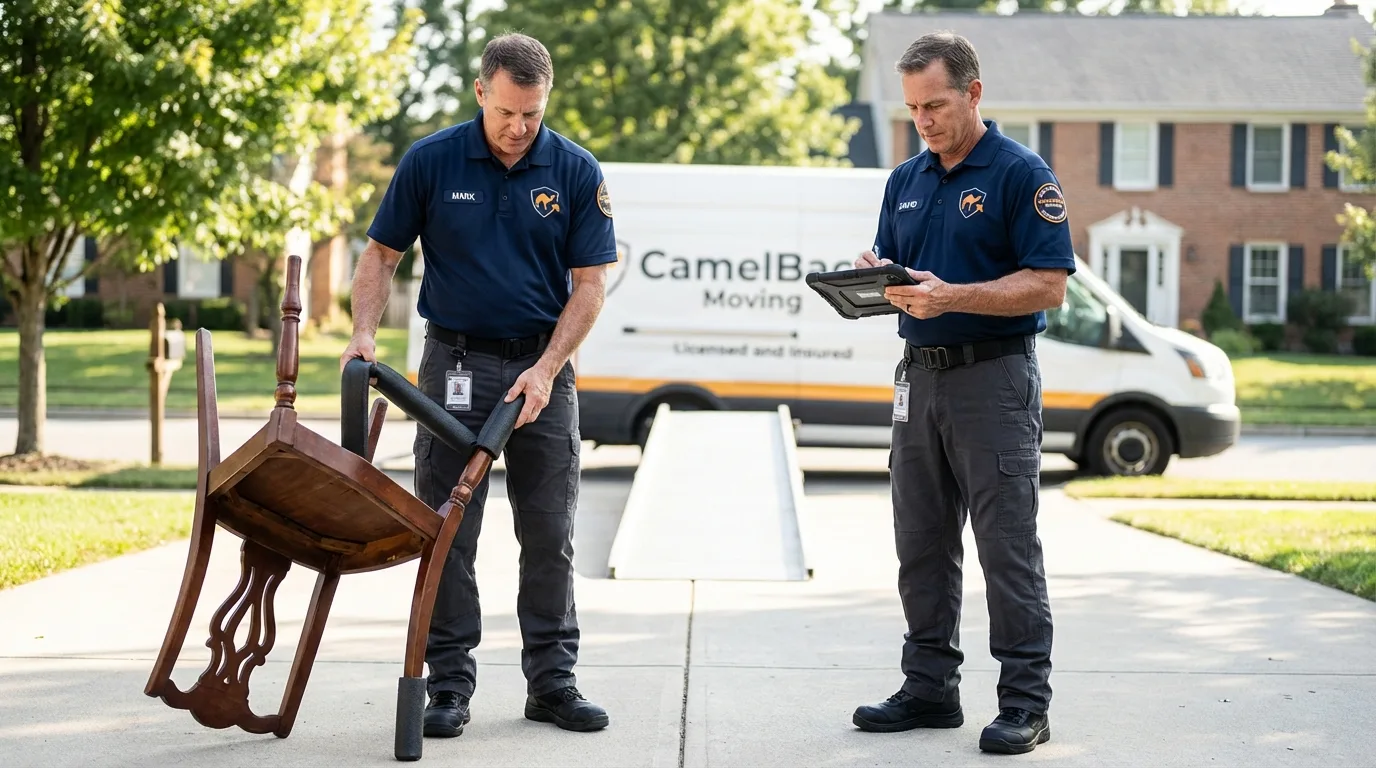 Movers inspecting furniture for damage prevention before loading in Lafayette, OR
